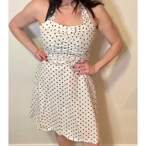 White w/ Black Polka Dot Halter Pinup Style Dress - Picture 1 of 4